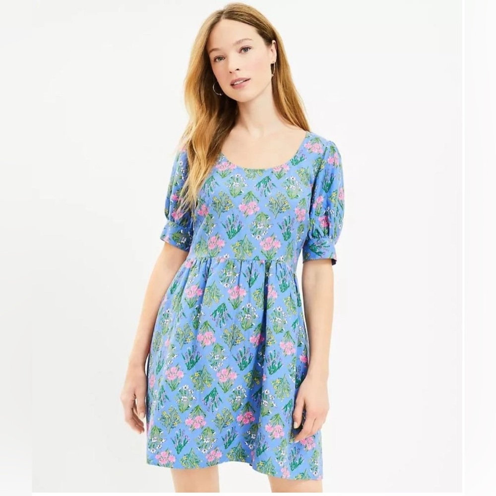LOFT Women’s 2 Floral Babydoll Dress Blue Linen Blend Scoop‎ Neck Puff Sleeve